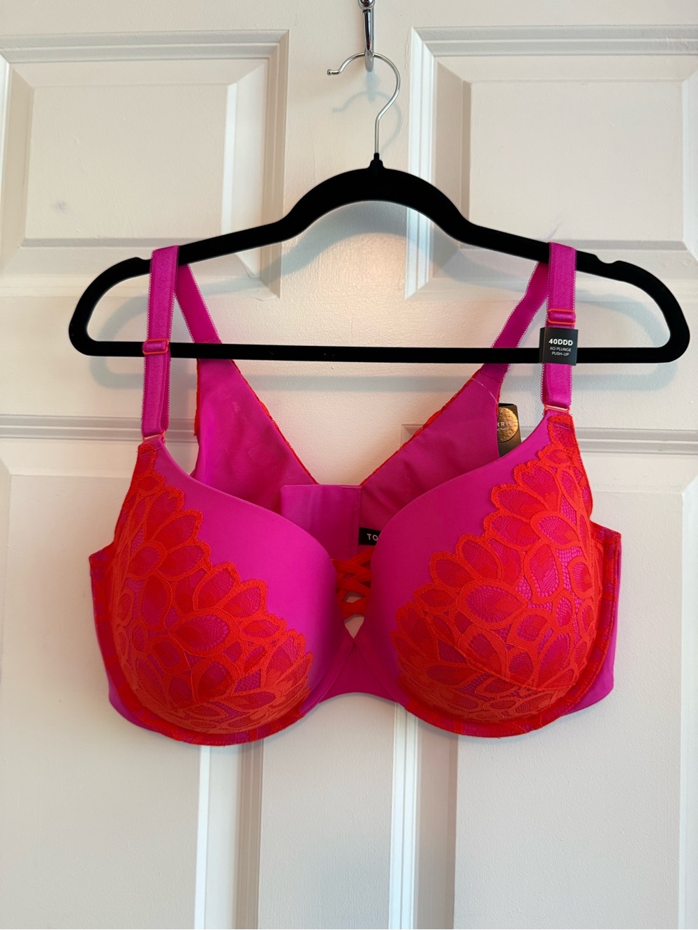 torrid Hot Pink Bra with Red Lace Embroidery